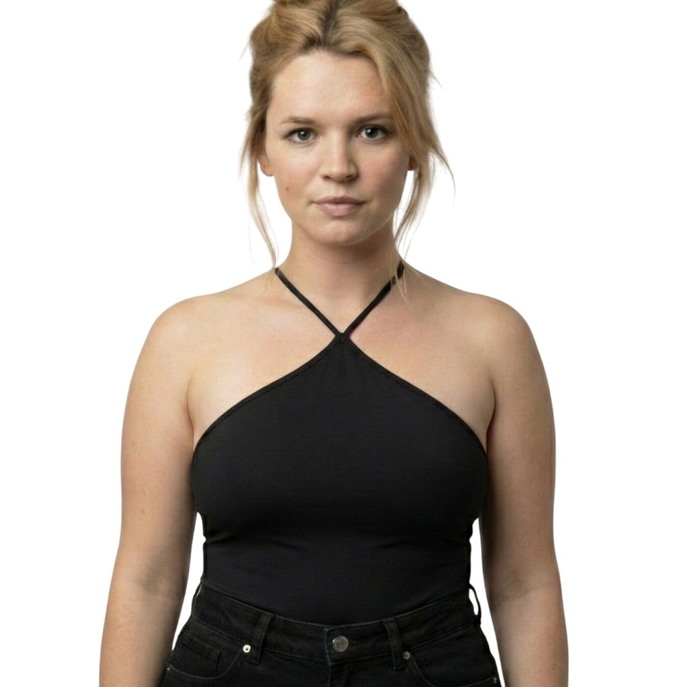 Abercrombie & Fitch Bodysuit Womens Small Black Halter Cross Back Thong Stretch
